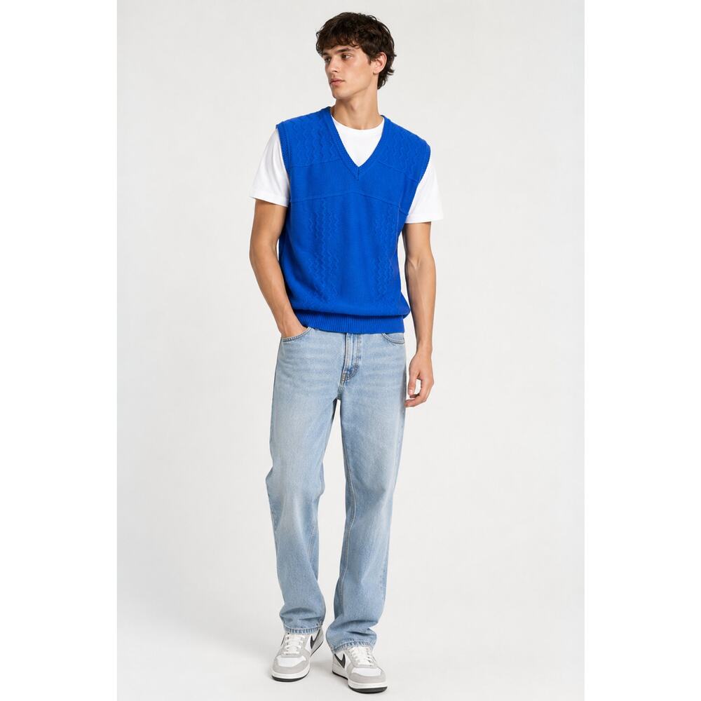 Stanley Blacker Vintage Cotton Knit V Neck Vest Mens Size XL Blue New Deadstock